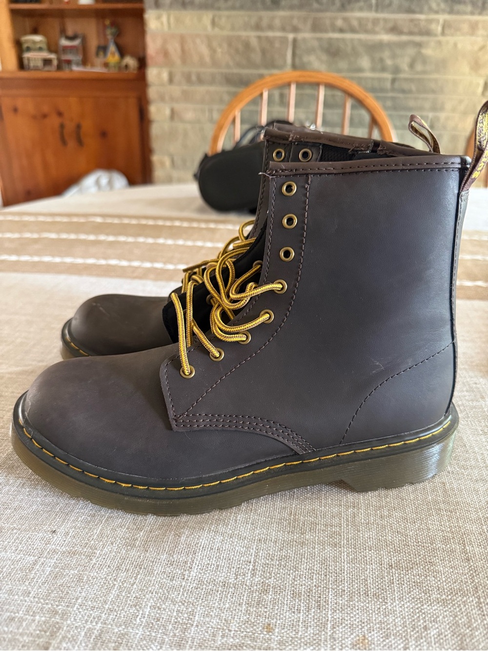 Dr. Martens Brown Leather Lace-Up Boots with Yellow Stitching